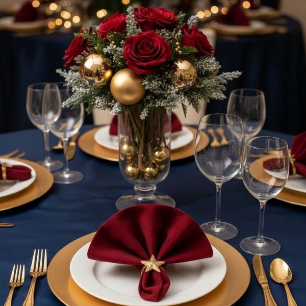 Close-up of a high-quality, themed holiday party table setting with gold accents and fine linens.