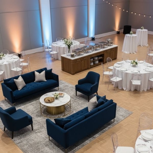 Bird's-eye view of a modern event space layout showing separate areas for seating, dining, and mingling.
