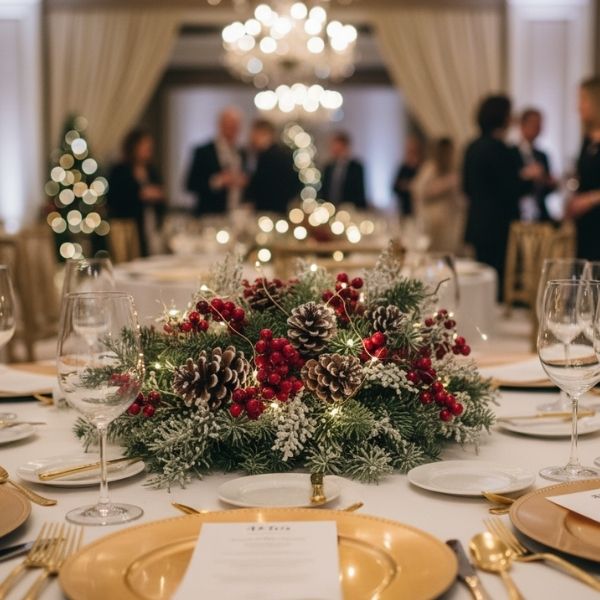 holiday centerpiece on a table at a company holiday party