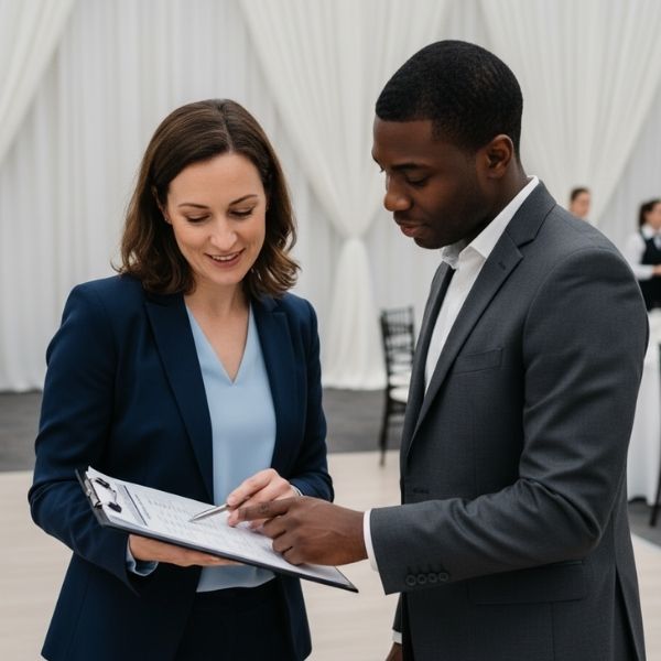 Two professionals reviewing logistics on a clipboard, symbolizing seamless event execution and partnership.