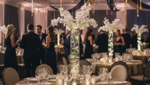 Elegant holiday party venue with sophisticated tables and professional event rental decor.
