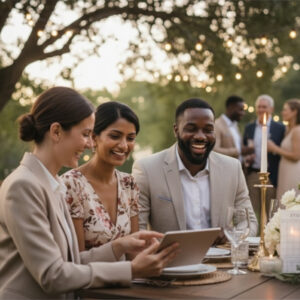 Three people looking at tablet