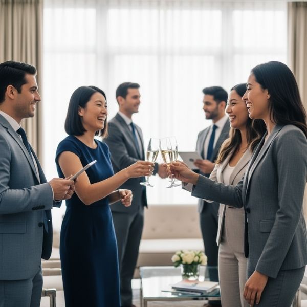 corporate employees enjoying time at a company celebration