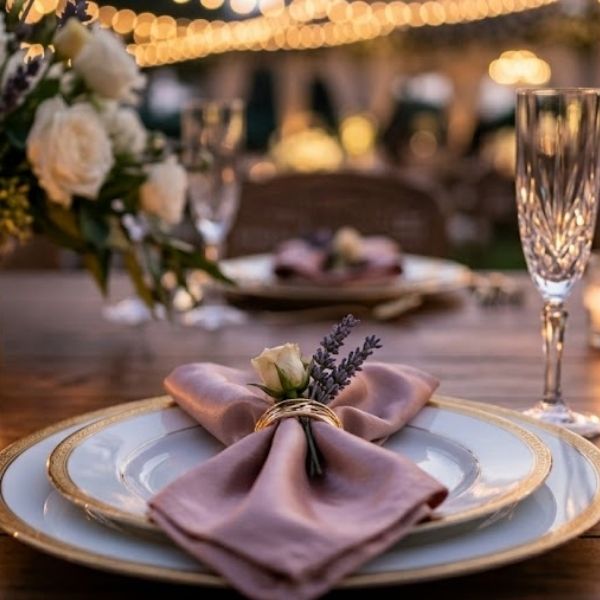 A close-up of a high-end wedding place setting featuring gold-rimmed plates, crystal glassware, and a silk napkin.