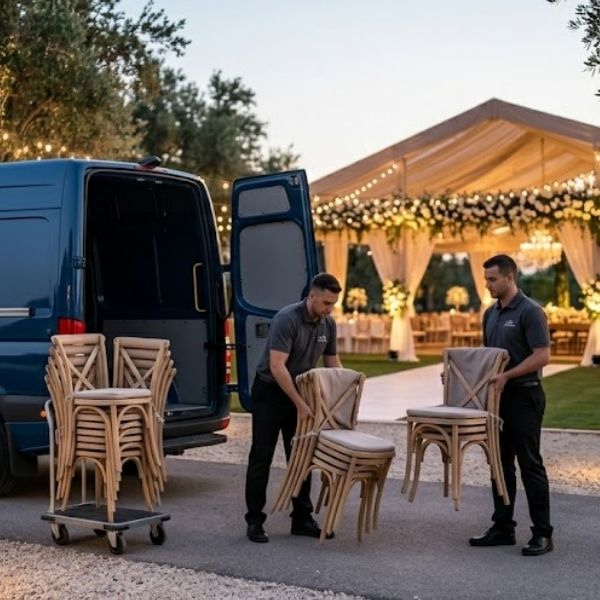 A professional delivery van parked outside a beautifully decorated wedding venue with staff unloading elegant chairs.