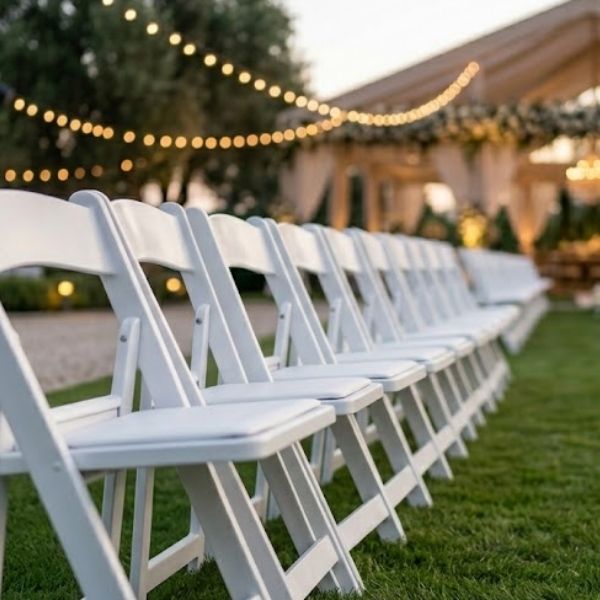 A row of perfectly aligned, high-quality white resin folding chairs set up for an outdoor wedding ceremony.