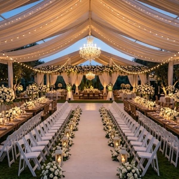 A wide shot of a stunningly decorated wedding reception hall showing the cohesive look of rented tables, linens, and decor.