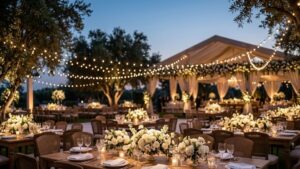 A luxurious outdoor wedding reception setup with elegant wooden tables, white floral centerpieces, and professional lighting at dusk.